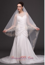 Two-tiers Oval Beading Trim Edge Veil For Wedding
