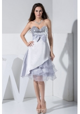Sweetheart Grey Tea-length Prom Dress with Sequin and Bowknot