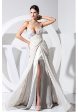 Chiffon Grey V-neck Prom Dress with High Slit