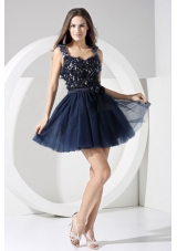 A-line Navy Blue Prom Dress Straps Mini-length Backless Lace