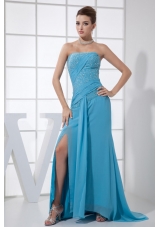 High Slit Beading Strapless Brush Train Blue Prom Dress