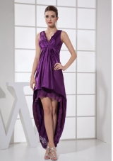 V-neck Purple and High-low Custom Made Prom Dress