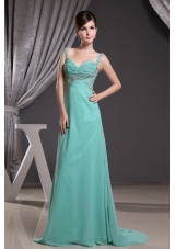 Turquoise Straps Brush Train Prom Dress with Beadng and Ruch