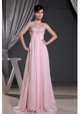 Baby Pink Straps Prom Dress with Beading Floor-length