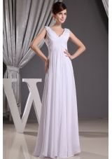 White V-neck Beading and Ruch Prom Dress Floor-length