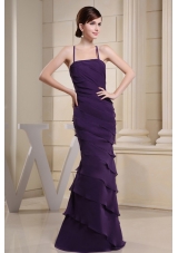 Spaghetti Straps Layered Colulm Purple Prom Evening Dress