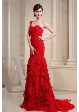 Red One Shoulder Ruched Prom Evening Dress with Ruffles