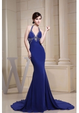 Mermaid Halter Blue Brush Prom Dress Beaded