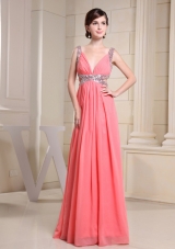 Watermelon Beading Straps Prom Dress With V-neck