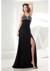 High Slit Black Halter Prom Dress with Beads