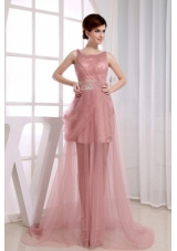 Beaded Waist Scoop Prom Dress Court Train Pink Tulle
