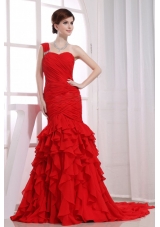 Red One Shoulder Mermaid Ruffles Watteau Prom Dress