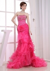 Mermaid Brush Beading Layered Prom Dress Hot Pink