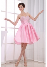 Pink A-Line Beaded Taffeta Knee-length Prom Dress