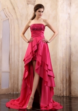 High-low Coral Red Prom Dress with Sequin Layered