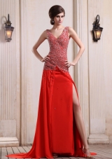 Red Prom Dress Beaded High Slit Court V-neck