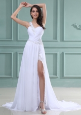 White One Shoulder Prom Dress Beading High Slit