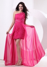High-low Hot Pink One Shoulder Prom Pageant Dress Beading