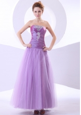 Lavender Ankle-length Tulle Beading Appliques Prom Dress