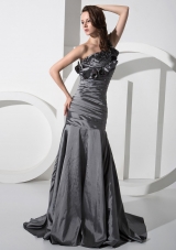 One Shoulder Silver Mermaid Beaded Prom Gown Ruffled