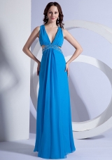 Sky Blue Side Cut V-neck Prom Gown Beaded Chiffon