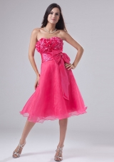 Handmade Flowers Bowknot Hot Pink Prom Gown Short