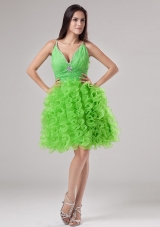V-neck Knee-length Ruffled Prom Gown Spring Green