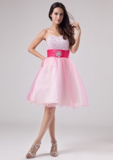 Beading Pink Mini-length Sash Prom Dress Beaded