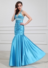 Halter Blue Mermaid Beading Prom Gown with Ruching