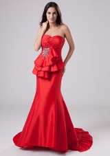 Mermaid Red Sweetheart Taffeta Prom Pageant Dress Ruffled