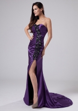 High Slit Purple Prom Dress with Beads Applique