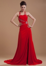 Beading High Slit 2013 Prom Dress Halter Red Brush