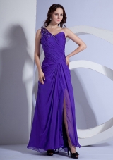 Purple Prom Dress One Shoulder Beading Ruch Slit