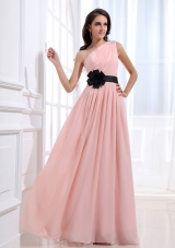 One Shoulder Baby Pink Sash Prom Dress Chiffon