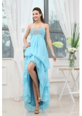 Discount Aqua Blue Prom Dress Appliques High-low