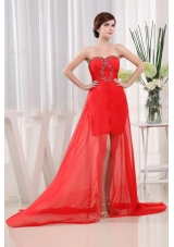 Sweet Red Prom Dress Brush Beading Ruched Hi-lo