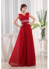 2013 Stylish V-neck Beaded Red Prom Evening Dress Chiffon