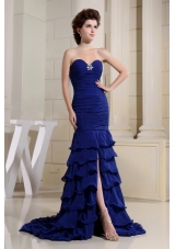 Blue Ruching Slit Prom Dress Ruffled Layers Crystal