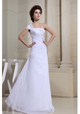 White Beaded One Shoulder Prom Dress Single Short Sleeve