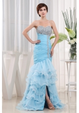 Baby Blue Beaded Ruch Prom Dress Ruffled Layers