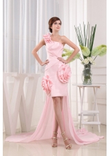 High-lo One Shoulder Baby Pink Prom Dress Hand Made