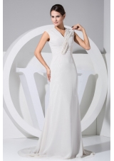 White Brush Train V-neck Ruched Mother Bride Dresses