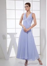 Lilac Chiffon Prom Dress Appliques V-neck