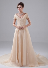 Off Shoulder A-Line Court Train Church Wedding Dress