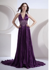 Beading Halter Broad Waistband A-line Brush Prom Dress