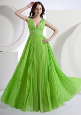 Deep V-neck Floor-length Waistband Pleated Prom Dress