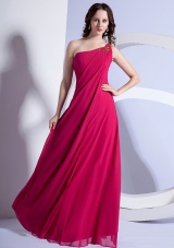 Beading One Shoulder Prom Dress Hot Pink Long