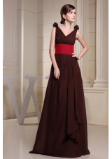 V-neck Red Waistband Flowers Brown Prom Dress