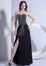 Beading Pattern High Slit Black Floor-length Prom Dress