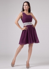 White Appliques Sash Dark Purple Single Strap Prom Dress